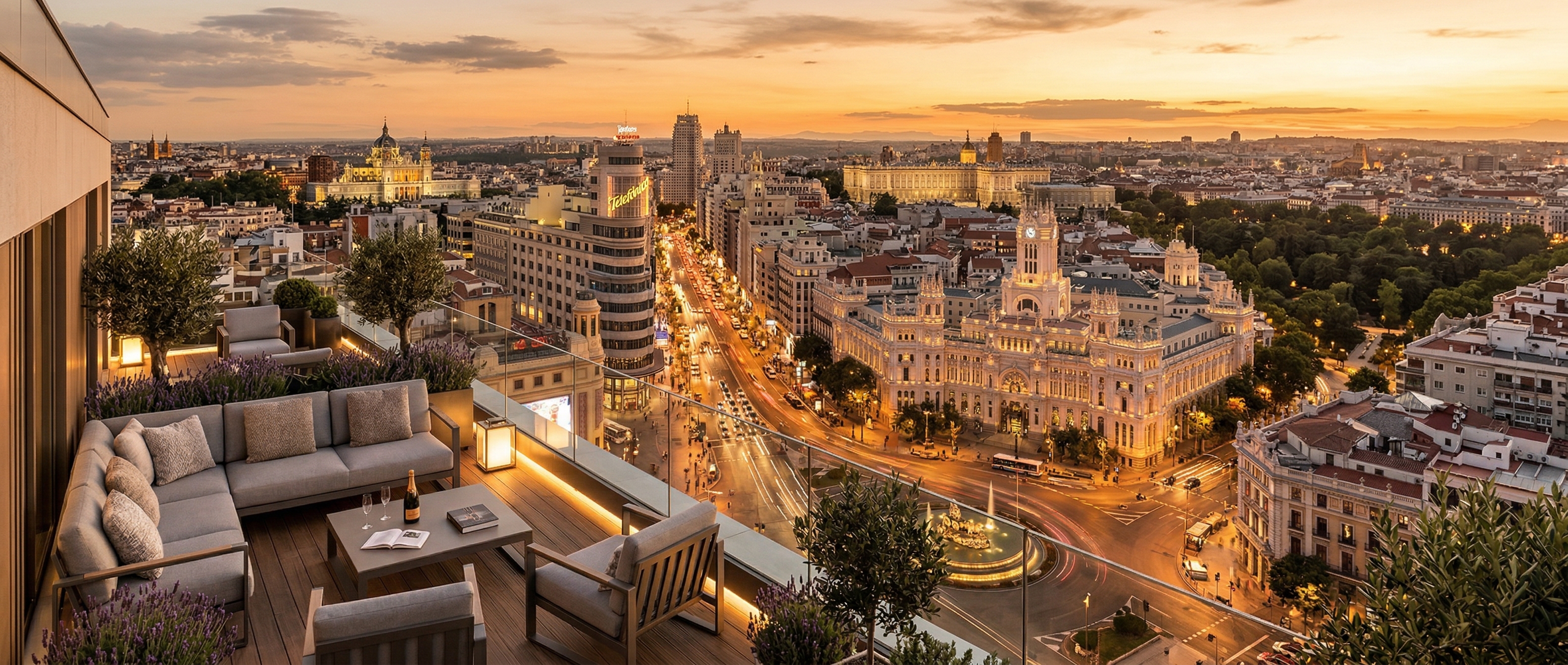 Vistas panorámicas de Madrid desde una terraza de lujo al atardecer