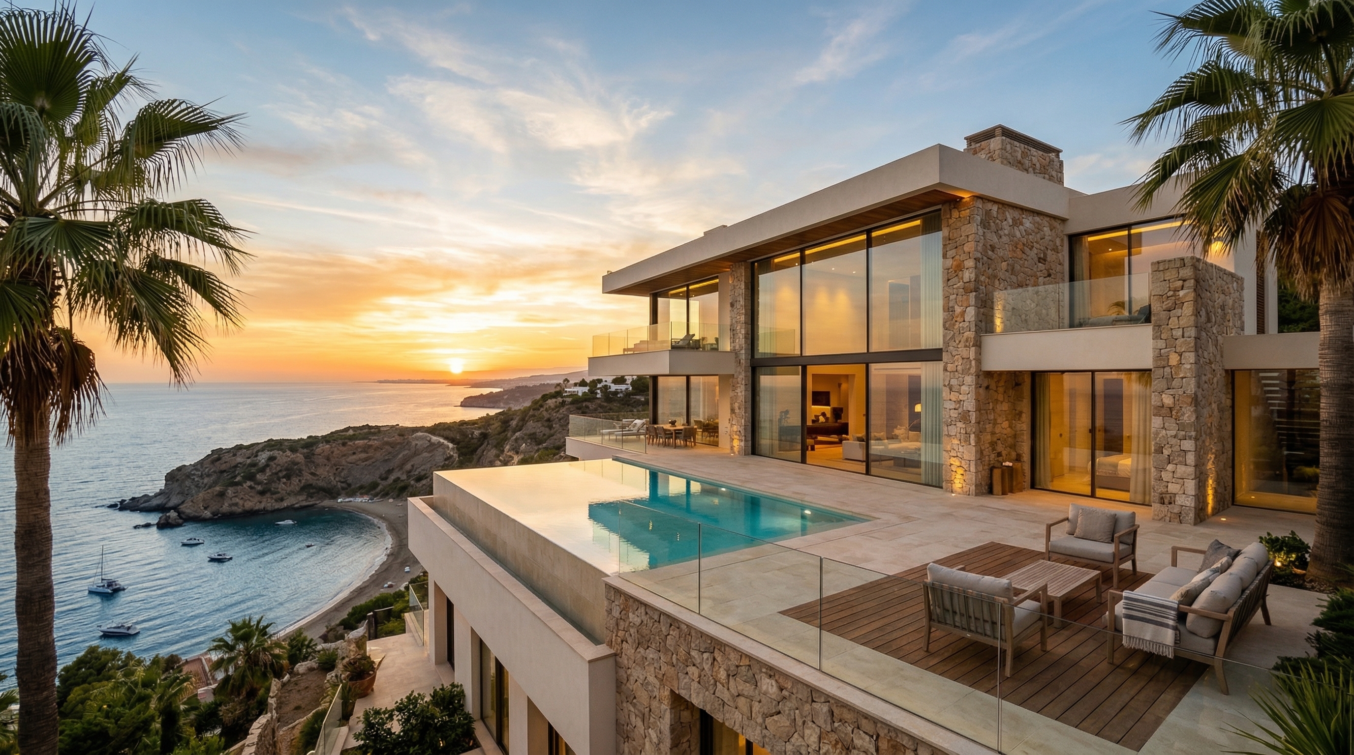 Villa de lujo mediterránea con piscina infinita al atardecer